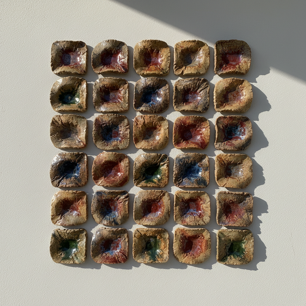 A series of wall-mounted, organic ceramic tiles arranged in an irregular grid on a matte, off-white plaster wall. Each tile is uniquely shaped with undulating edges, subtle bulges, and depressions that evoke skin, bark, or eroded rock. Surfaces alternate between matte, chalky slip in muted earth tones and glossy, pooled glazes in deep oxblood, smoky blue, and moss green that seep into crevices. Late afternoon natural light enters from the right, raking across the installation and casting delicate, overlapping shadows that amplify the relief. Photographed straight-on with sharp focus throughout and a slightly wide frame, the composition feels like a quiet, sophisticated altar to geological and bodily memory, embodying the site’s themes of consciousness, presence, and raw materiality.
